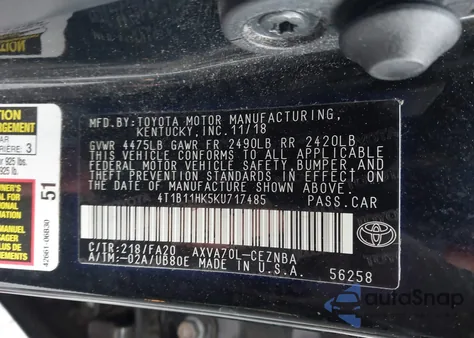 2019 Toyota Camry Le из США, поврежденный, VIN 4T1B11HK5KU717485